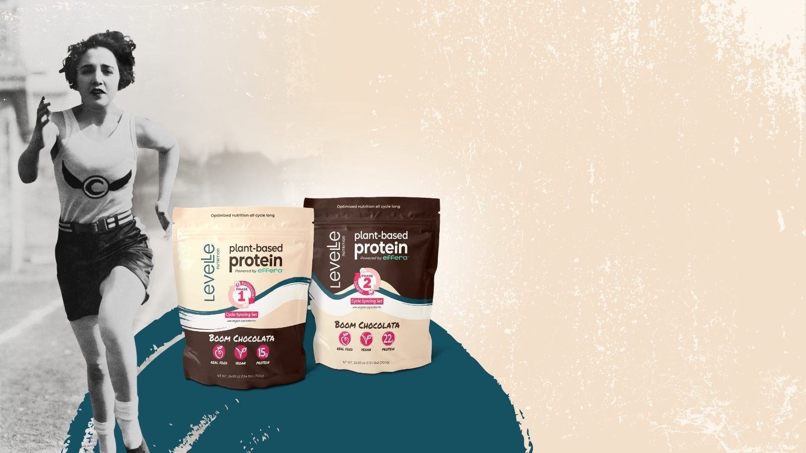 Two Levele protein packages on a blue platform with a vintage-style woman running in the background.