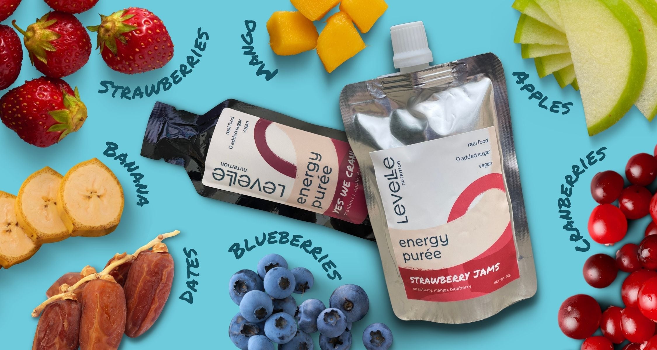 image of energy purees alongside fruit ingredients