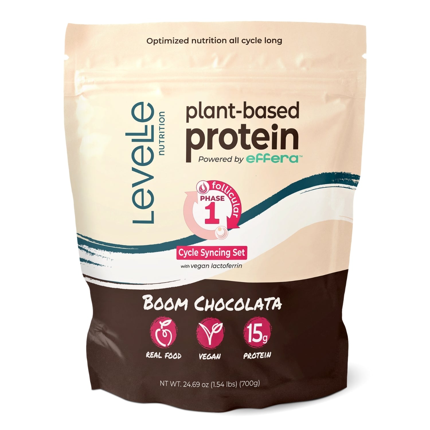 Levelle plant-based protein package with 'Boom Chocolata' flavor on a white background
