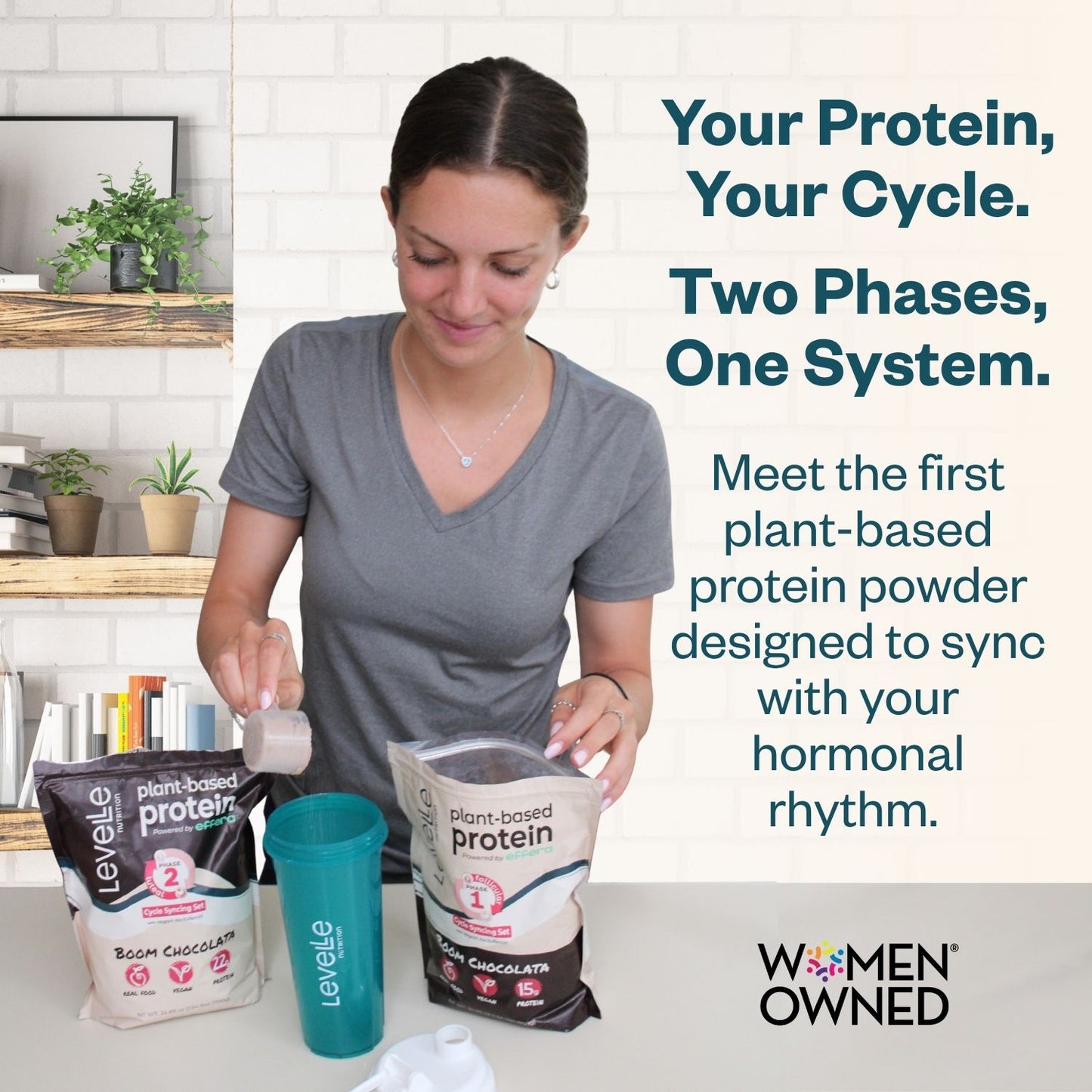 Woman preparing a plant-based protein powder with text about a hormonal rhythm-syncing protein product.