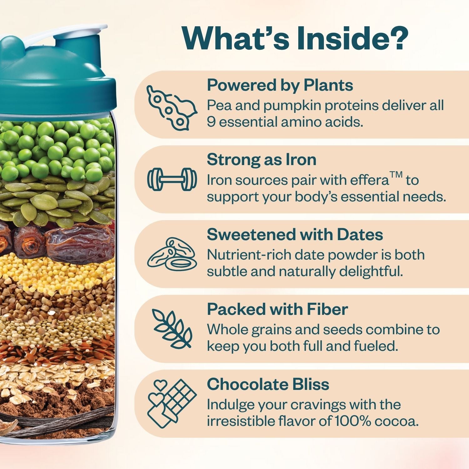 Nutritional information about a plant-based protein product with ingredients and benefits listed.