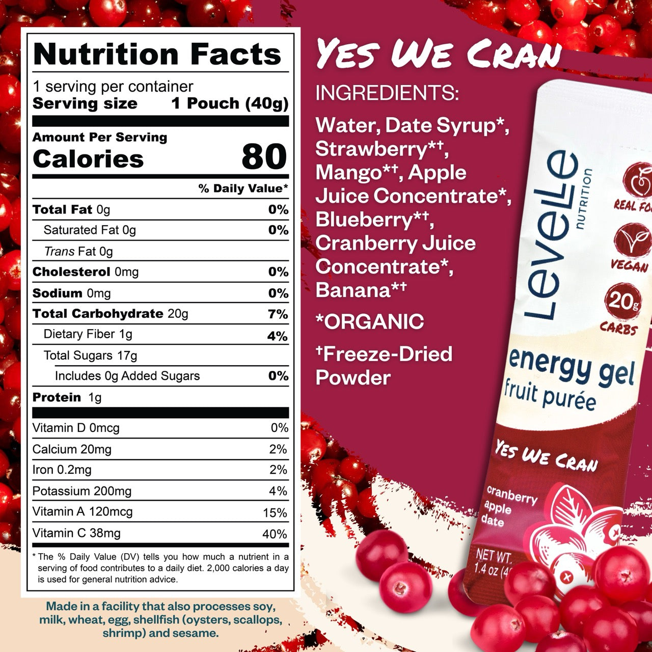 Yes We Cran! Energy Gel - Vegan, GI-Friendly, Real Food (40g)