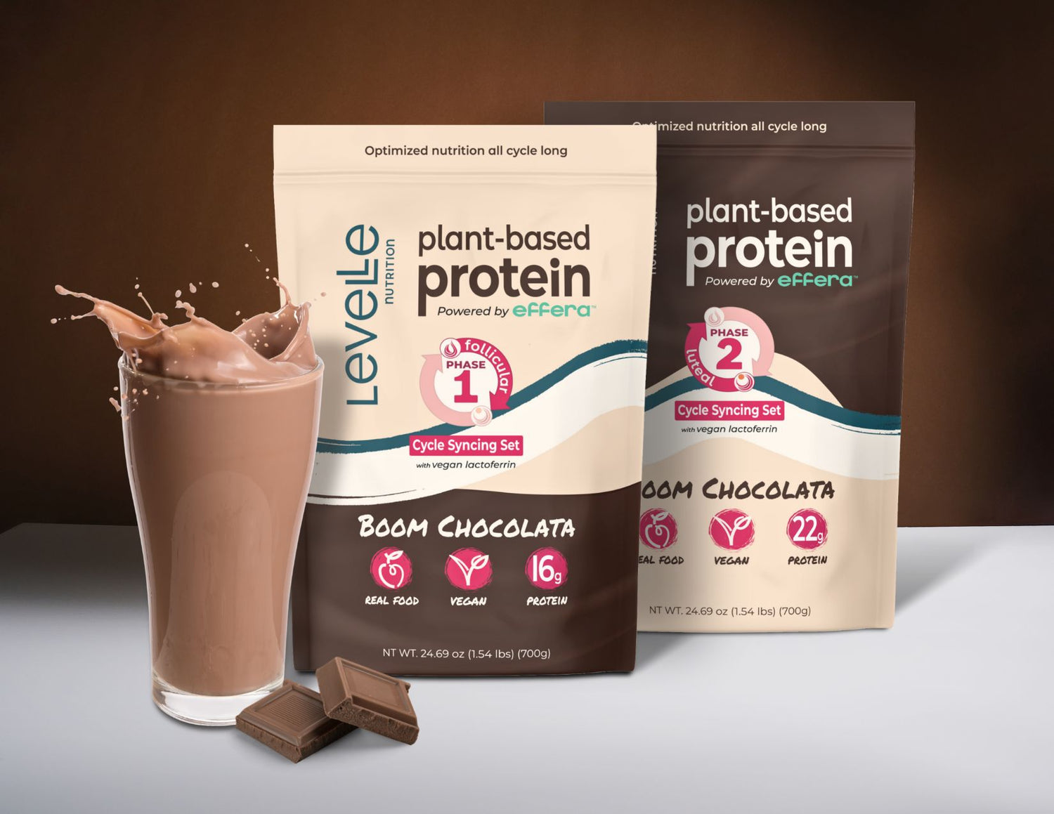 Two bulk pouches of protein powder with a chocolate drink