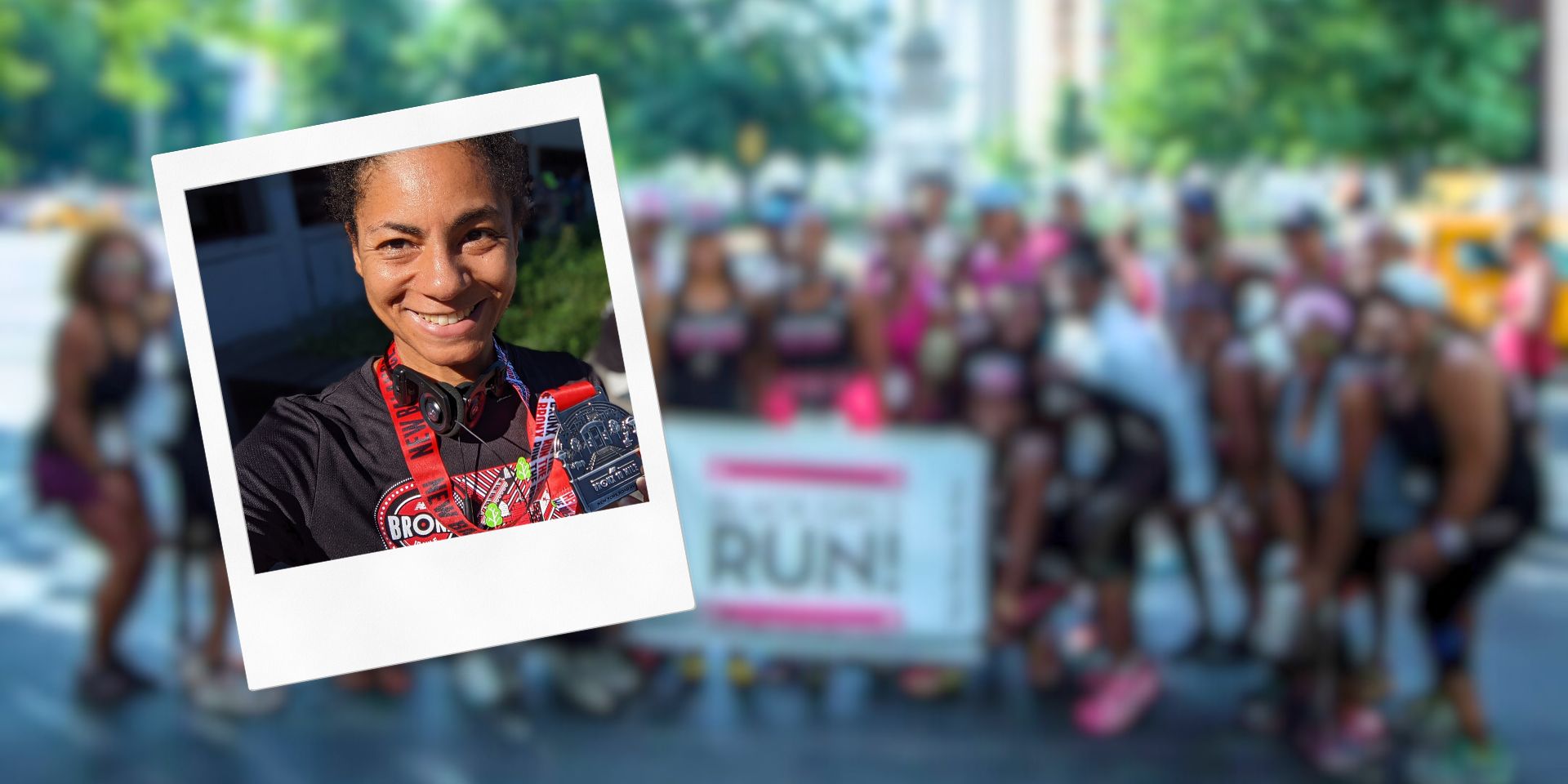 Close up of Shaunna with blurred Black Girls Run group photo in the back