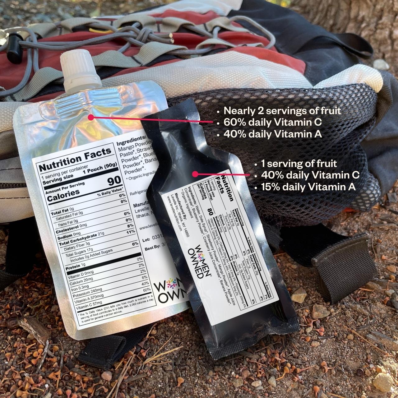 image of a backpack with two purees pouches with the nutrition facts panel showing
