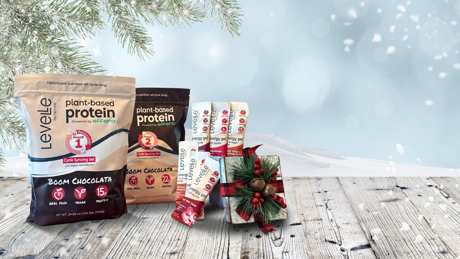 Leveled plant-based protein packages on a wooden surface with a snowy background