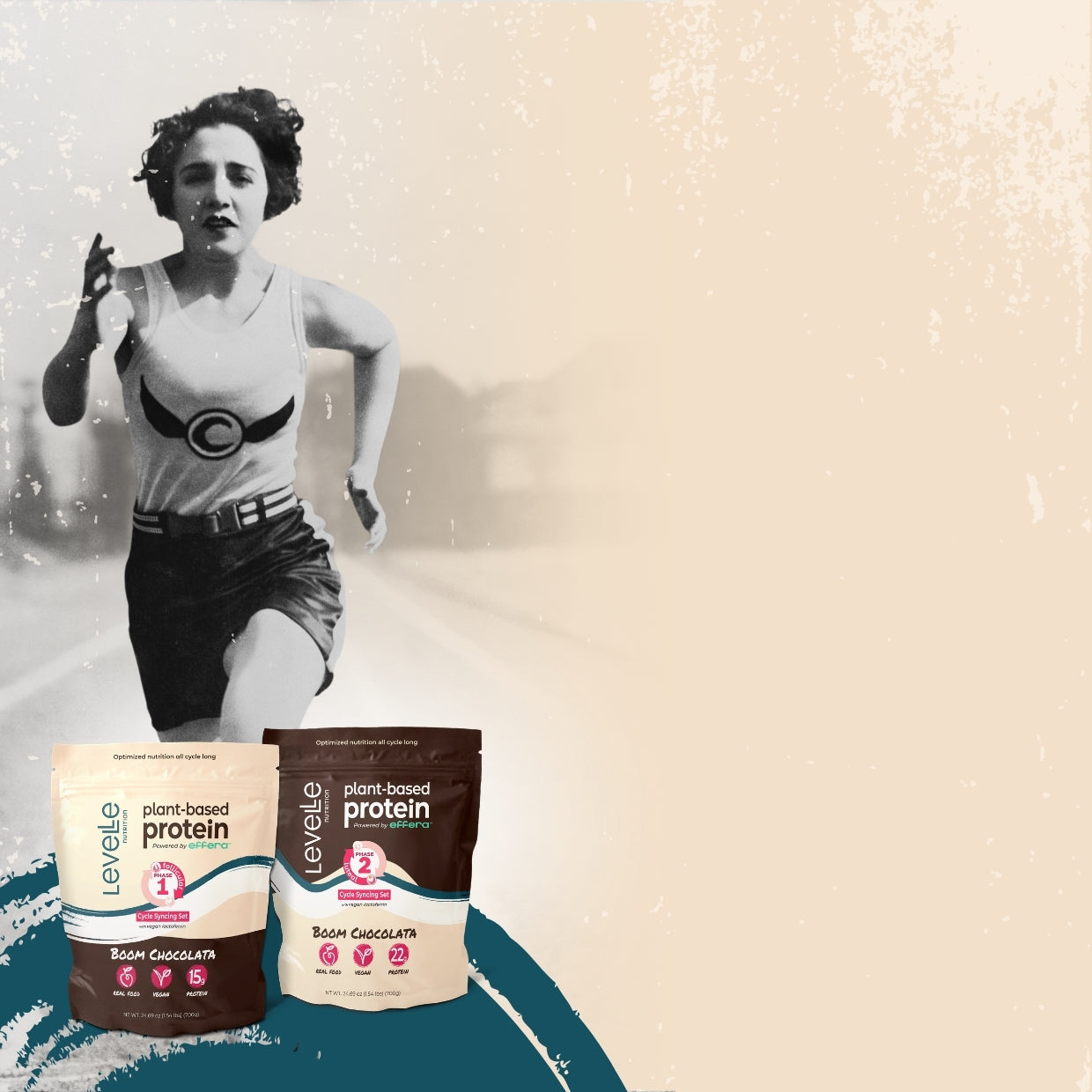 Two Levele plant-based protein packages with a vintage-style runner in the background.